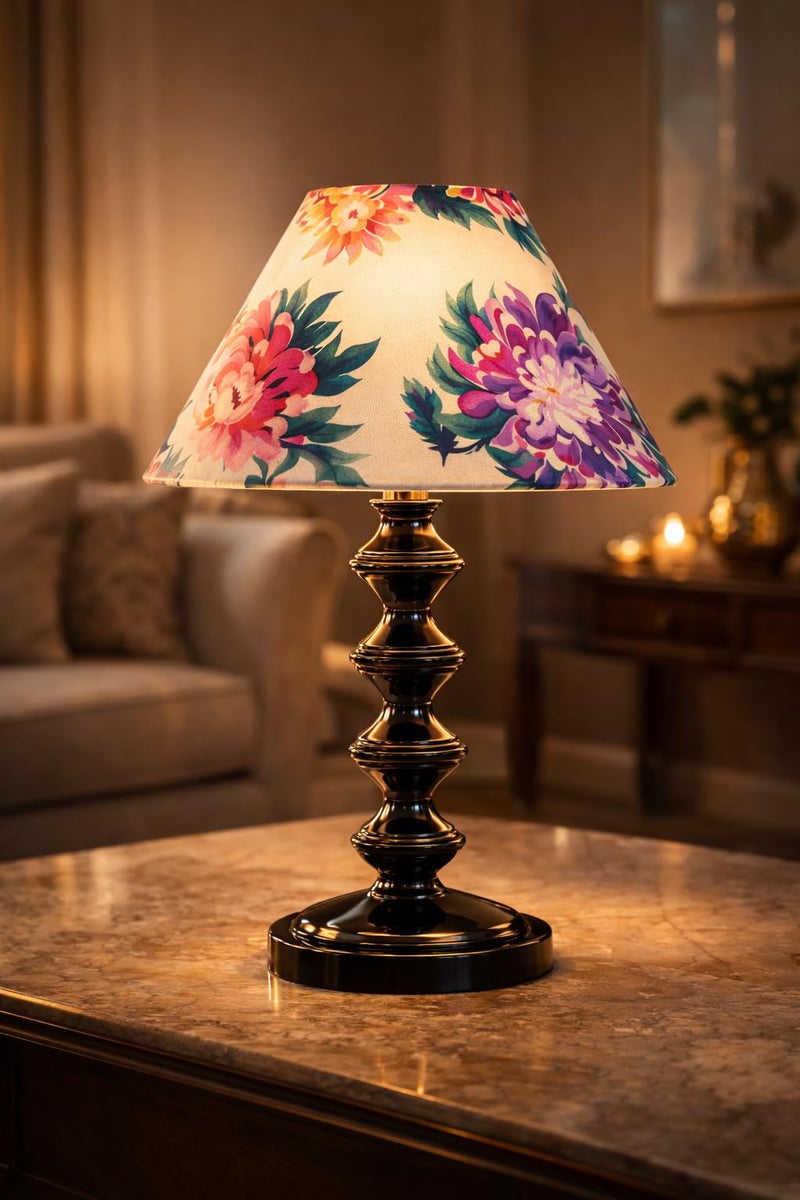 tu casa Halo Glow Black Metal Base Carnation Print with Satin Shade Table Lamp for Home Decoration Bedroom Living Room Lounge Office Festival Gifting Study Table H - 15" / No Blub - Image 3