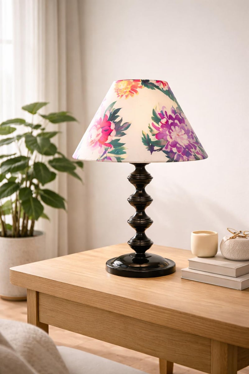 tu casa Halo Glow Black Metal Base Carnation Print with Satin Shade Table Lamp for Home Decoration Bedroom Living Room Lounge Office Festival Gifting Study Table H - 15" / No Blub - Image 4
