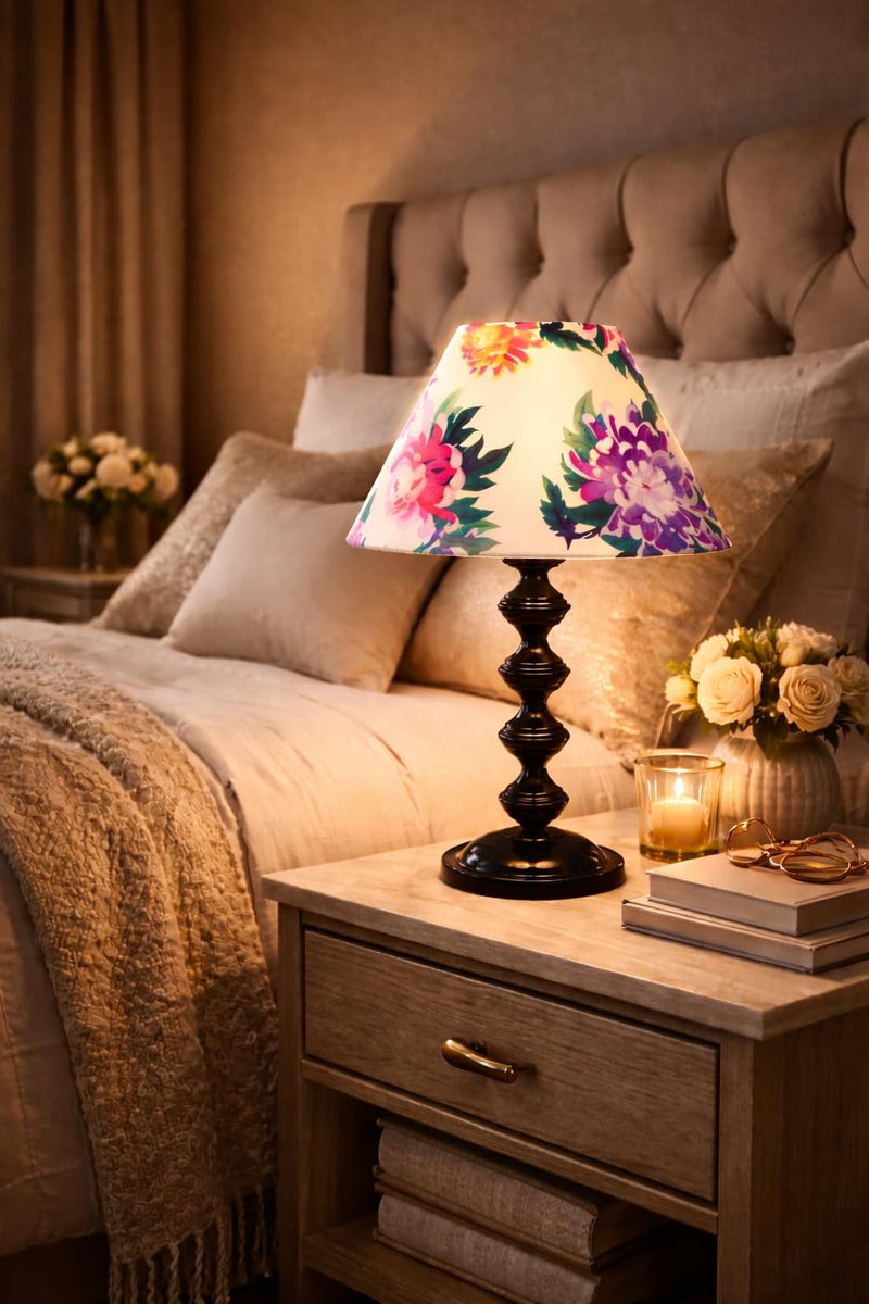 tu casa Halo Glow Black Metal Base Carnation Print with Satin Shade Table Lamp for Home Decoration Bedroom Living Room Lounge Office Festival Gifting Study Table H - 15" / No Blub - Image 2