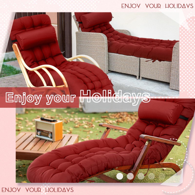 Tudomro 66'' Outdoor Chaise Lounge Cushion Waterproof Patio Lawn Pool Chaise Lounge Cushion with Headrest Pillow & Ties Weather Fade Resistant Replacement Longue Chair Pad - Image 5