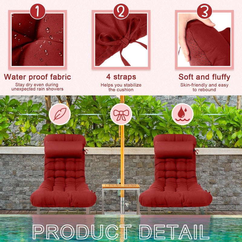 Tudomro 66'' Outdoor Chaise Lounge Cushion Waterproof Patio Lawn Pool Chaise Lounge Cushion with Headrest Pillow & Ties Weather Fade Resistant Replacement Longue Chair Pad - Image 3