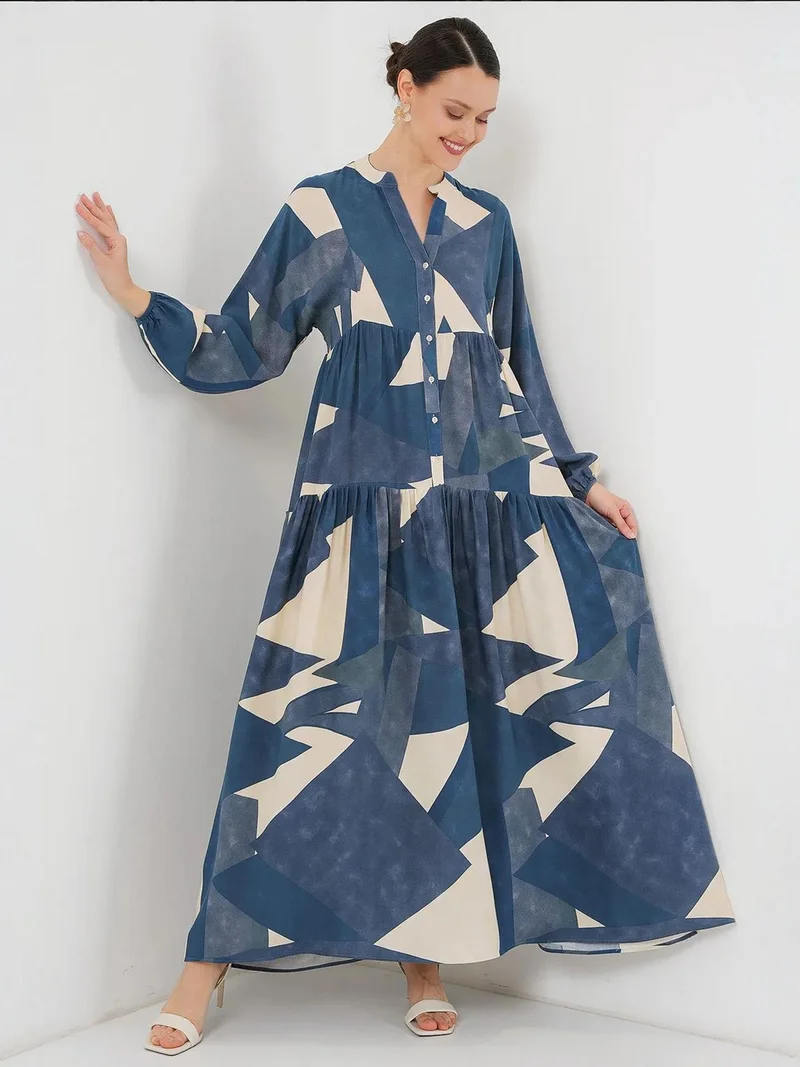 بيغ دارت BDART Printed V-Neck Maxi Dress with Button Closure