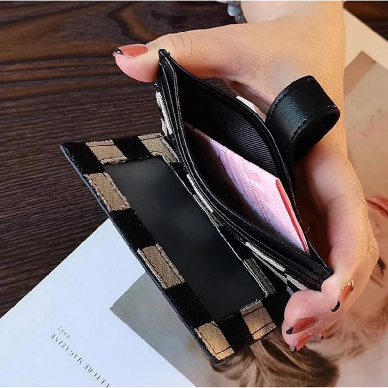 TURBOOST Cute Slim Card Holder Canvas Front Pocket Checkered Wallet, Small Credit Card Case for Women (Black) - Image 4