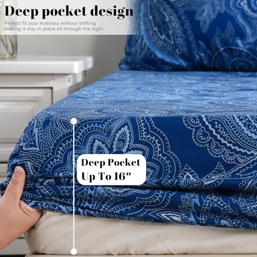 Bedlifes Full Sheet Set Ultra Soft, Breathable, Silky Flower Deep Pocket 100% Microfiber Bedding, 4 Piece Full Size Paisley Dark Navy Blue - Image 5