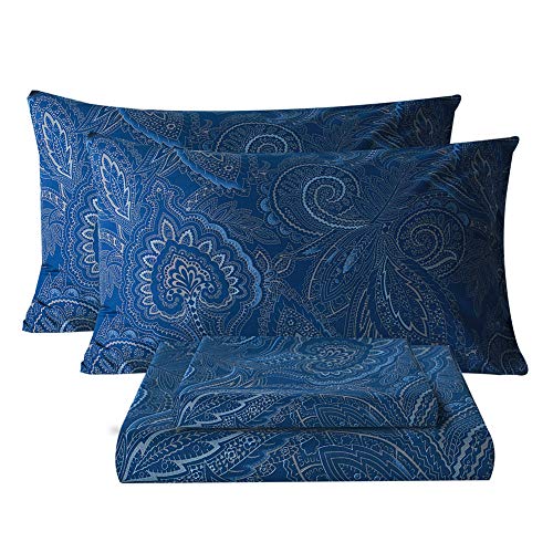 Bedlifes Full Sheet Set Ultra Soft, Breathable, Silky Flower Deep Pocket 100% Microfiber Bedding, 4 Piece Full Size Paisley Dark Navy Blue - Image 1