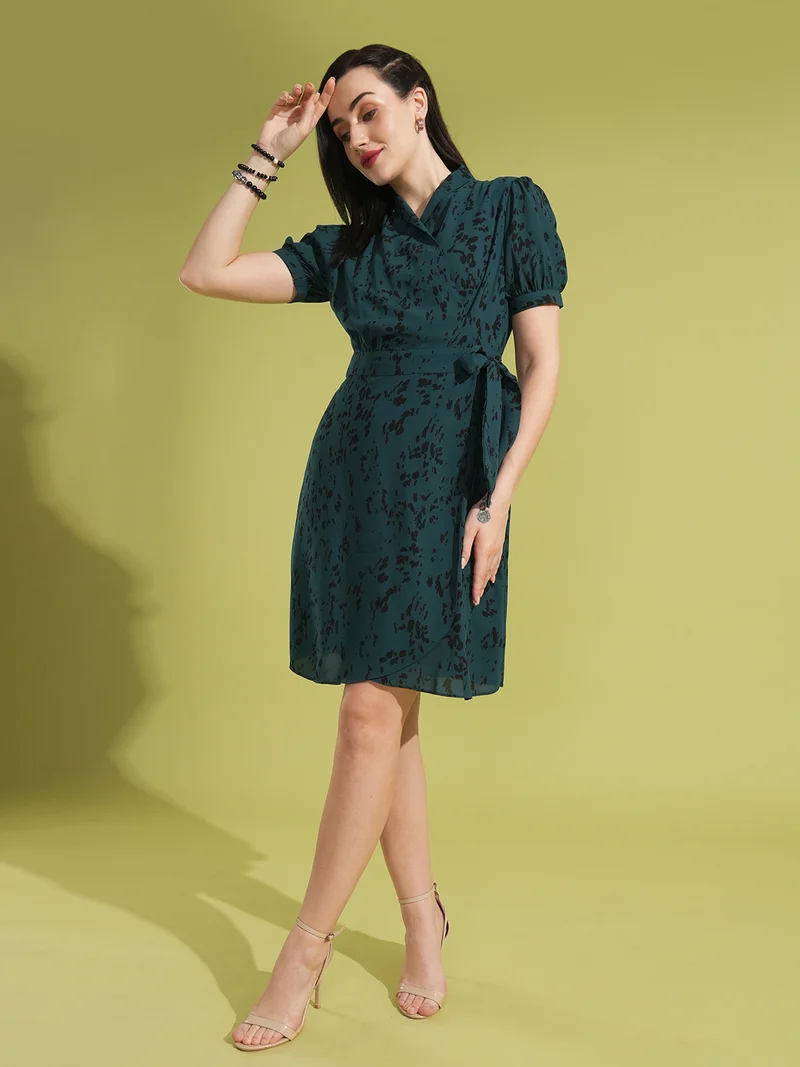 globus Globus Women Animal Printed Puff Sleeves Waist Tie-Up Wrap Dress With Belt