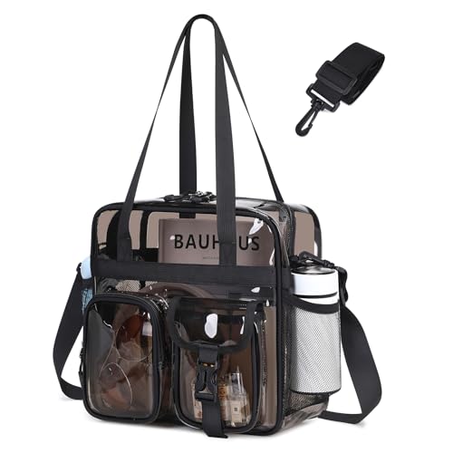 ASKSKY Clear Tote Bag PVC 12x 12x6 in Clear Bag for Stadium Events for Women Men Water Resistant Heavy Duty Transparent Bags See Through Purse with Removable Strap SemiBlack - Image 1