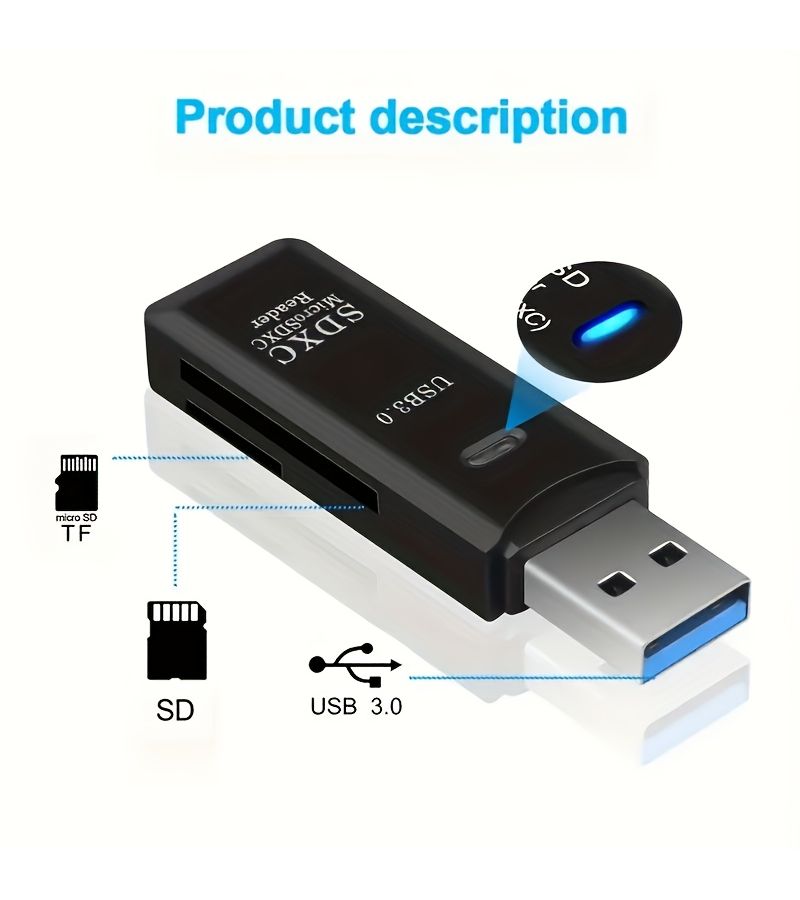 قارئ بطاقات USB 2.0 و USB 3.0 2 في 1، محول عالي السرعة 5 جيجابت في الثانية متوافق مع بطاقات SD و TF و Mini SD و Micro SD، الطراز D528، اللون الأسود - Image 5