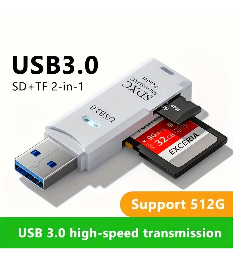 قارئ بطاقات USB 2.0 و USB 3.0 2 في 1، محول عالي السرعة 5 جيجابت في الثانية متوافق مع بطاقات SD و TF و Mini SD و Micro SD، الطراز D528، اللون الأسود - Image 1