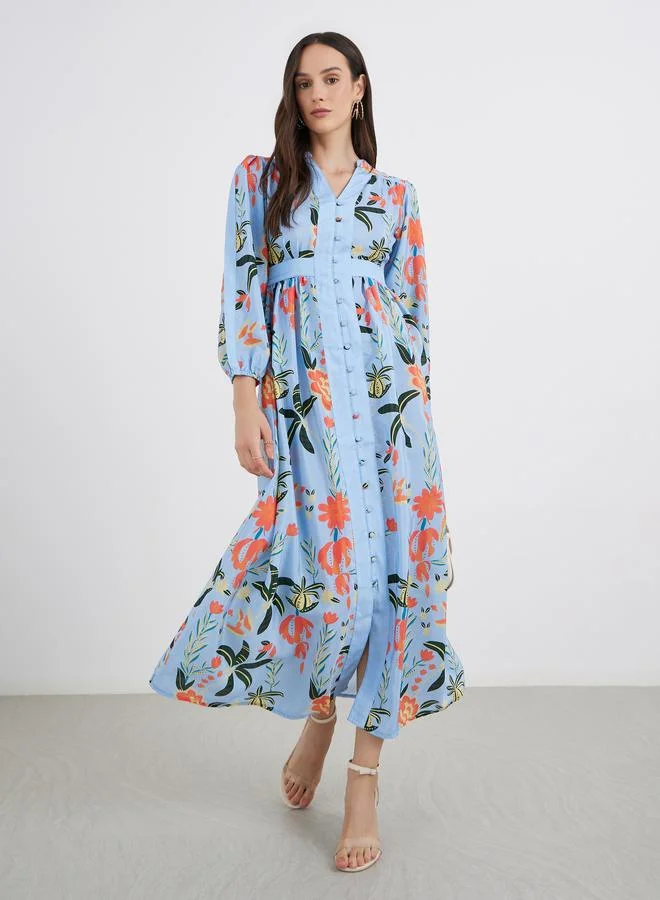 Styli Styli All Over Print Buttoned A-Line Maxi Dress