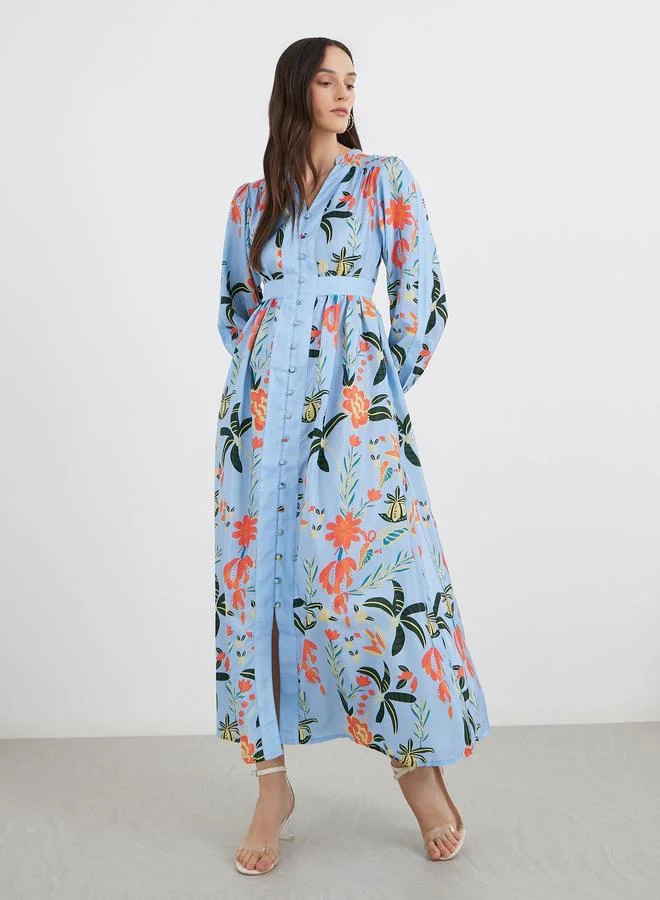 Styli Styli All Over Print Buttoned A-Line Maxi Dress