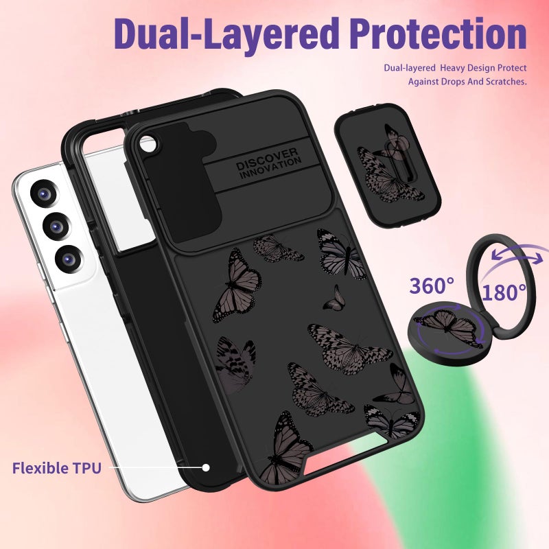 Funermei for Samsung Galaxy S22 Case - Women Girls Cute Butterfly Cover Girly Aesthetic Black Pretty Fashion Design with Camera Cover Ring Stand Funda for Galaxy S22 Phone Cases - Image 5