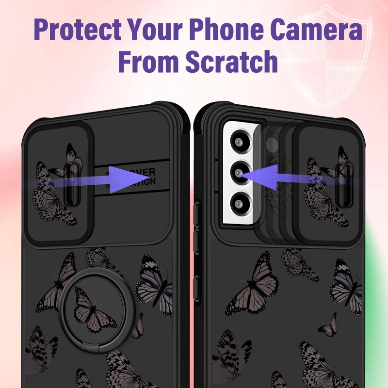 Funermei for Samsung Galaxy S22 Case - Women Girls Cute Butterfly Cover Girly Aesthetic Black Pretty Fashion Design with Camera Cover Ring Stand Funda for Galaxy S22 Phone Cases - Image 4