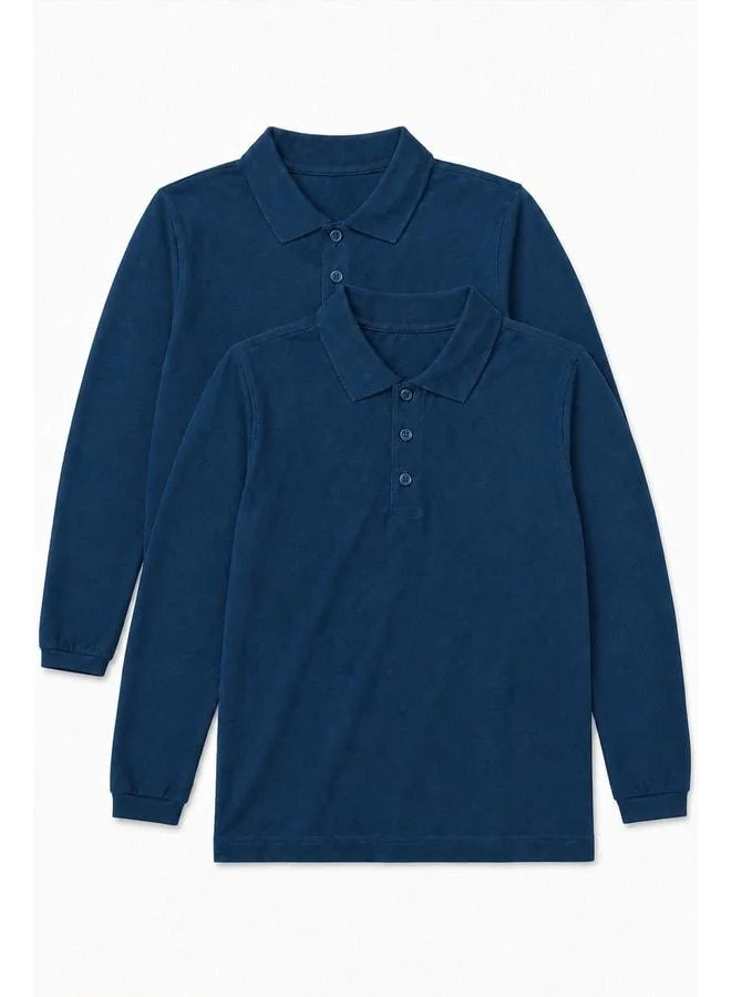 Perendi Unisex Children's 2-Pack Long Sleeve Polo Collar School T‑Shirt