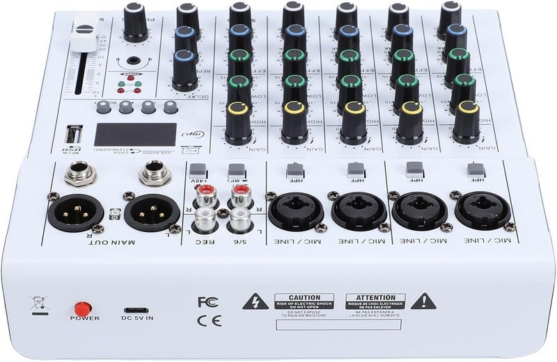 SUNGOOYUE خلاط مصغر بـ 6 قنوات، وحدة تحكم DJ محمولة مع مشغل MP3 بلوتوث، طاقة وهمية 48 فولت، مضخم جيتار مدمج، للاستوديو والتسجيل والبث المباشر والكاريوكي (أبيض) - Image 5
