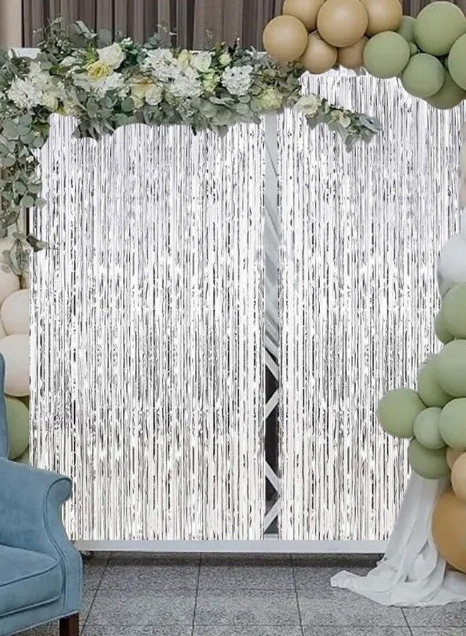 2 Pieces Glitter Fringe Rain Silver Fringe Banners Curtain Backdrop Curtain 2.5M x 1M Photo Booth Backdrop Fringe Curtains Metallic Curtains for Birthday Parties Wedding Graduations Party Decorations  - Image 1