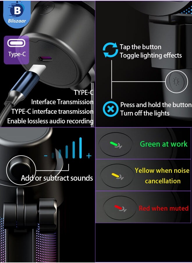 Bliszaar - Gaming Microphone, USB Streaming for PC/MAC/PS4/PS5 Microphone Podcast with Touch Mute RGB Mode Adjustment Illumination Microphone to Cardioid Pickup Black - Image 1