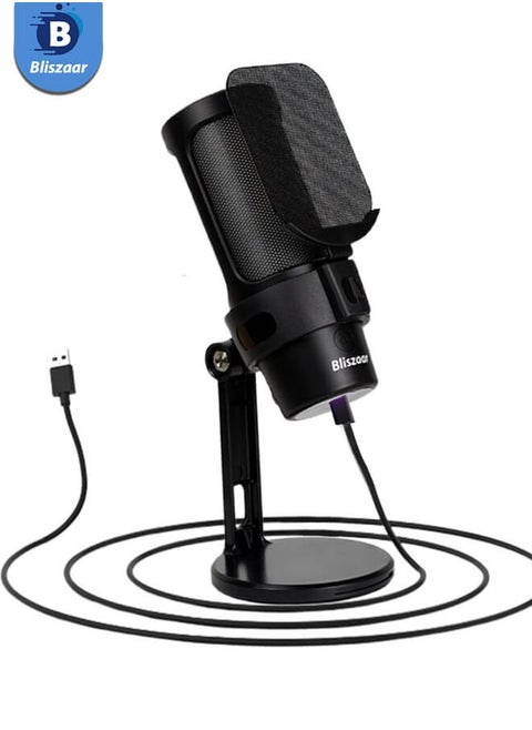 Gaming Microphone, USB Streaming for PC/MAC/PS4/PS5 Microphone Podcast with Touch Mute RGB Mode Adjustment Illumination Microphone to Cardioid Pickup Black