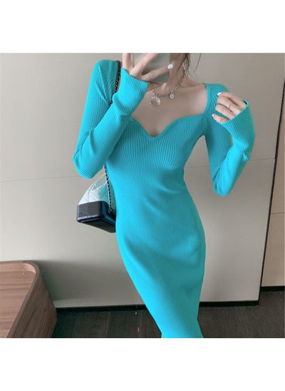Generic 2023 Autumn/Winter New Arrival Womens Knit Dress V-Neck Long Sleeve Medium-Length Slimming Base Layer Fashion Outfit Blue (normal version) 