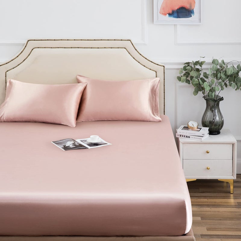 Luxbedding Satin Fitted Sheet Twin Fitted Sheet Only 1  Piece Ultra Soft Deep Pocket Single Silk Bottom Bed Sheet Twin  Old Rose 