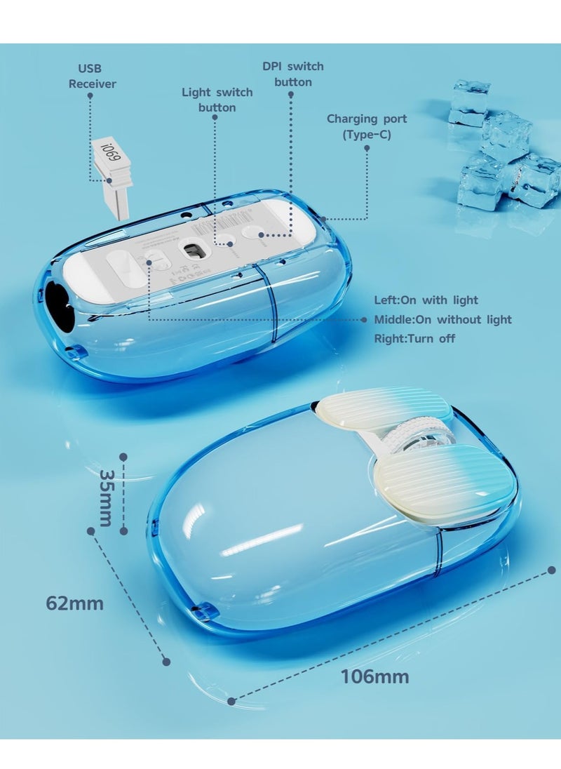 I069 2.4GHz Wireless Gaming Mouse,Portable Fully Transparent Mice,RGB Backlight Rechargeable Silent Mouse,3 Level Adjustable DPI,Cute Design Mice for Laptop/PC/Mac