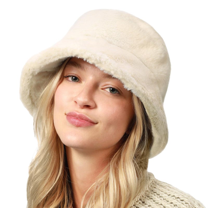 CHOK.LIDS Everyday Winter Fur Bucket Hat Unisex Trendy Soft Fluffy Warm Lightweight Fleece Fisherman Cap for Women Men (Ivory) - Image 1