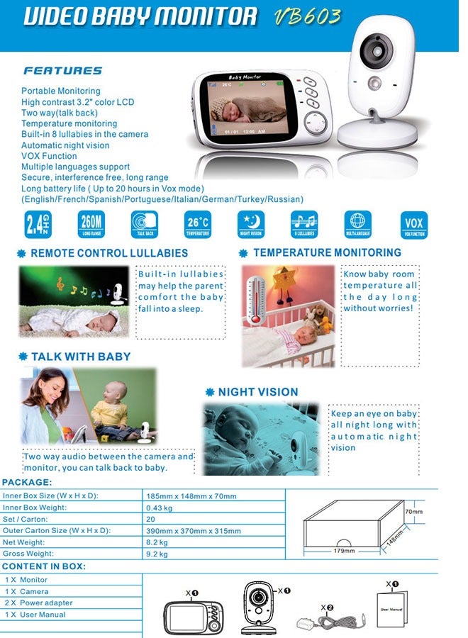 ZCM-HAPPY 3.2-Inch LCD Wireless Baby Monitor With Night Vision Two-Way Talk - White - Image 4