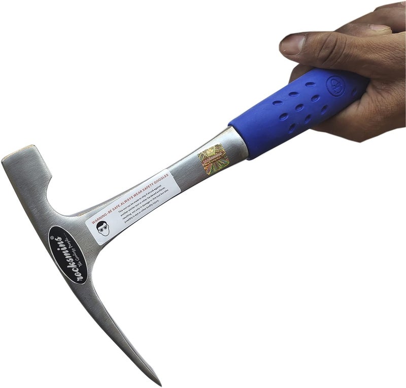 Rocksmins Chisel Blue Geology Geological Hammer Imported 900-925gm Approx 12" Single Piece with Shock Proof Rubber Grip Handle Geologist Metal Finish for Geologists For Mining Brick Hammer Student - Image 4