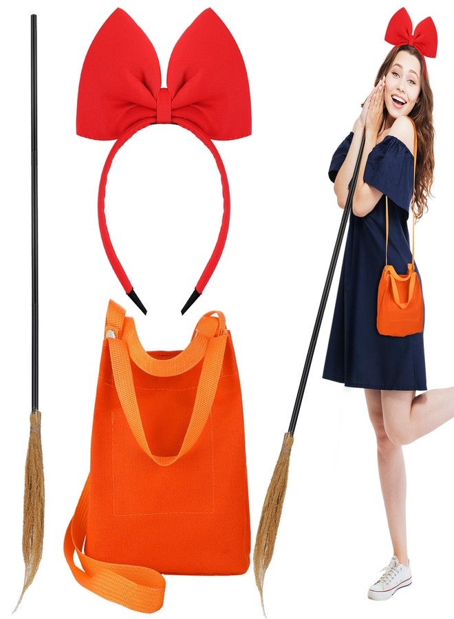 Panelee Witch Halloween Cosplay Costume Accessories for Women Red Bow Headbands Crossbody Bag Witch Broomstick Costume Accessories Realistic Wizard Flying Broom Stick for Halloween - Image 1