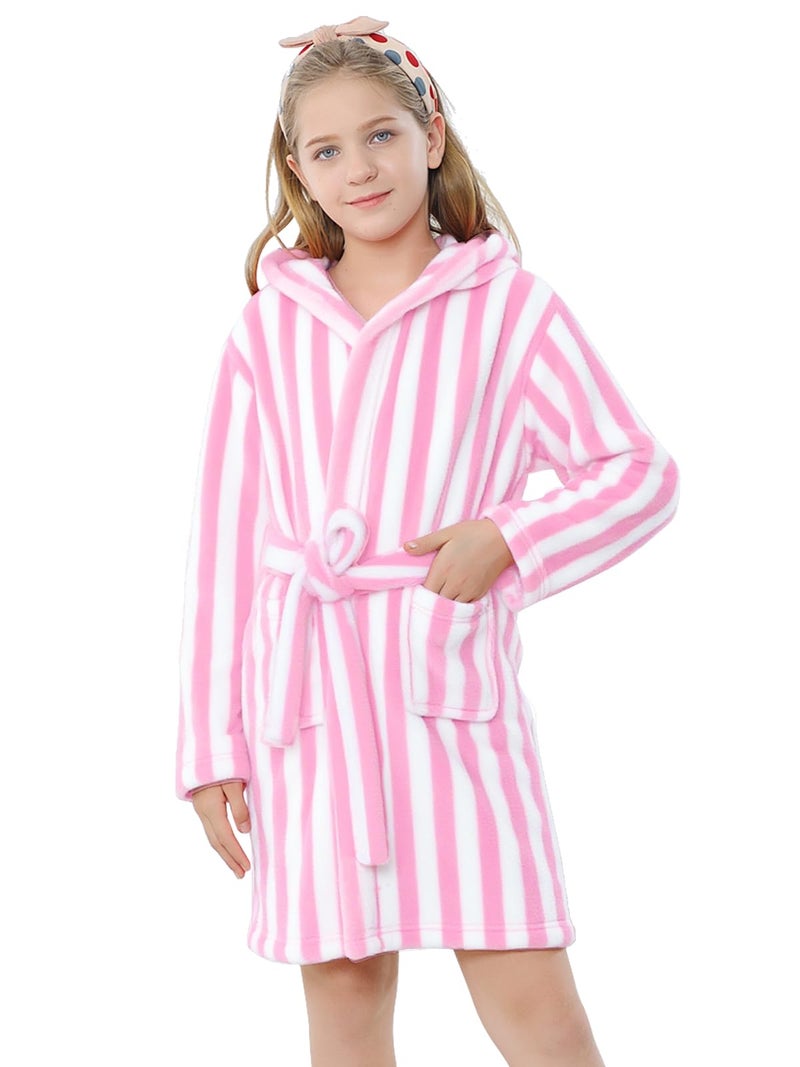Umeyda Girl Robe, Plush Fleece Hooded Warm Absorbent Bath Robe Comfy Spa Housecoat Gift for Toddler Little Big Kids, Strip Pink, 7-8 Years = Tag 150 - Image 2
