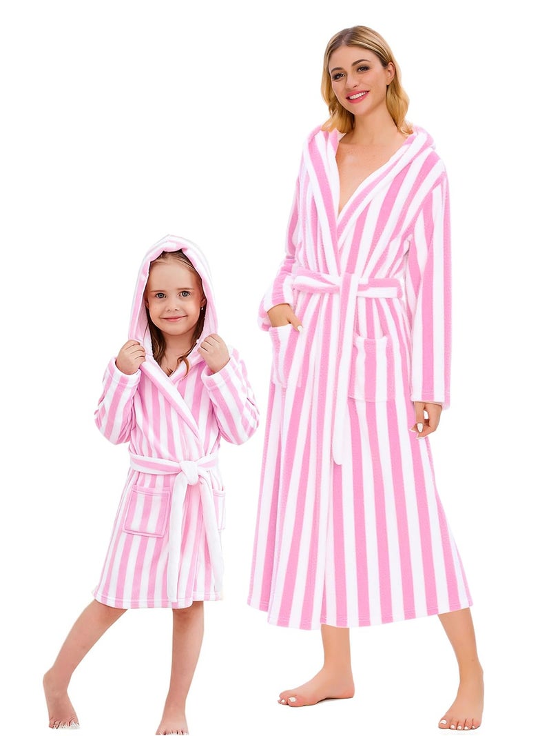 Umeyda Girl Robe, Plush Fleece Hooded Warm Absorbent Bath Robe Comfy Spa Housecoat Gift for Toddler Little Big Kids, Strip Pink, 7-8 Years = Tag 150 - Image 1