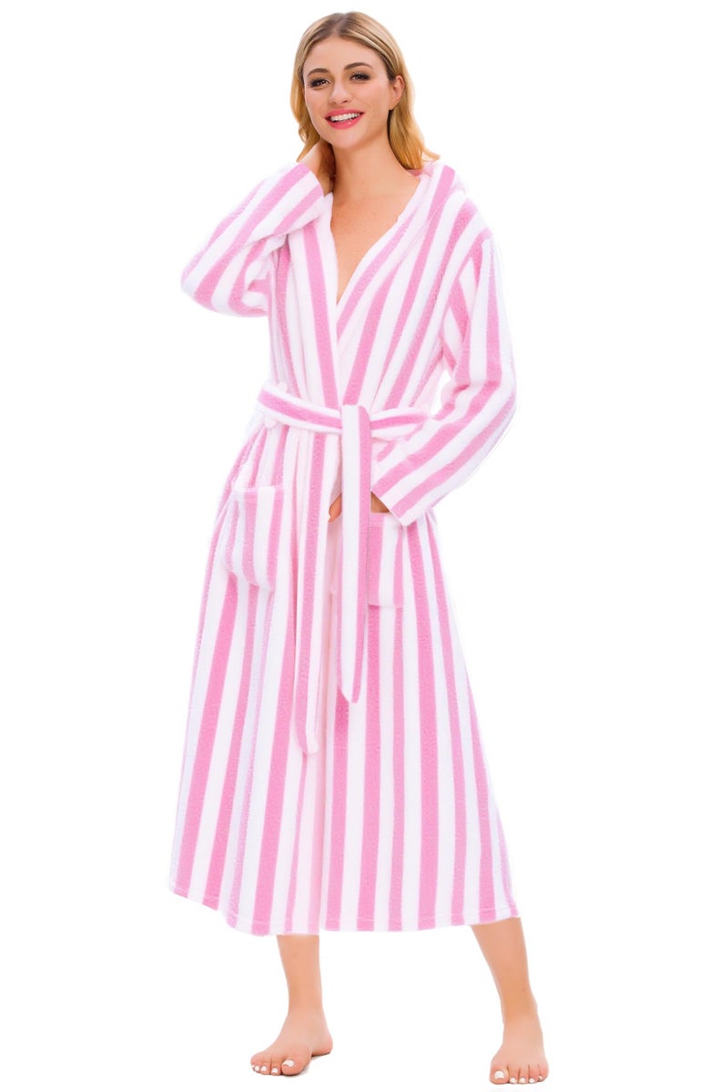 Umeyda Girl Robe, Plush Fleece Hooded Warm Absorbent Bath Robe Comfy Spa Housecoat Gift for Toddler Little Big Kids, Strip Pink, 7-8 Years = Tag 150 - Image 5