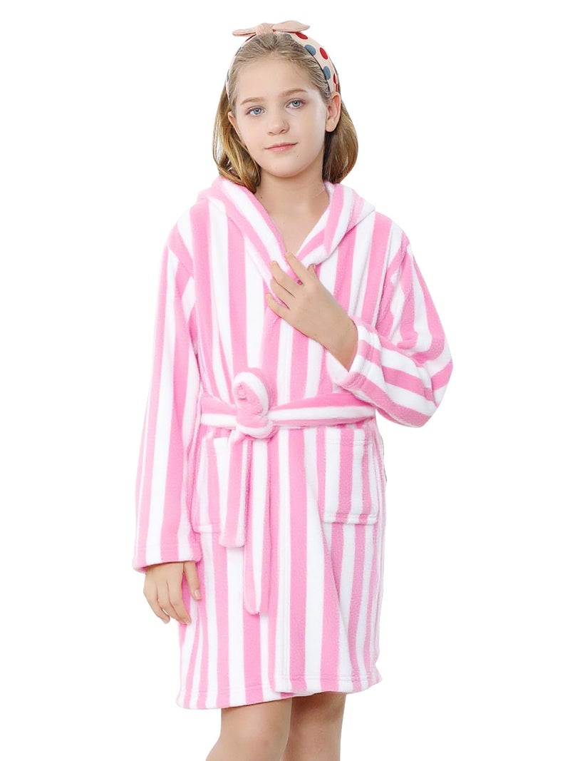 Umeyda Girl Robe, Plush Fleece Hooded Warm Absorbent Bath Robe Comfy Spa Housecoat Gift for Toddler Little Big Kids, Strip Pink, 7-8 Years = Tag 150 - Image 3