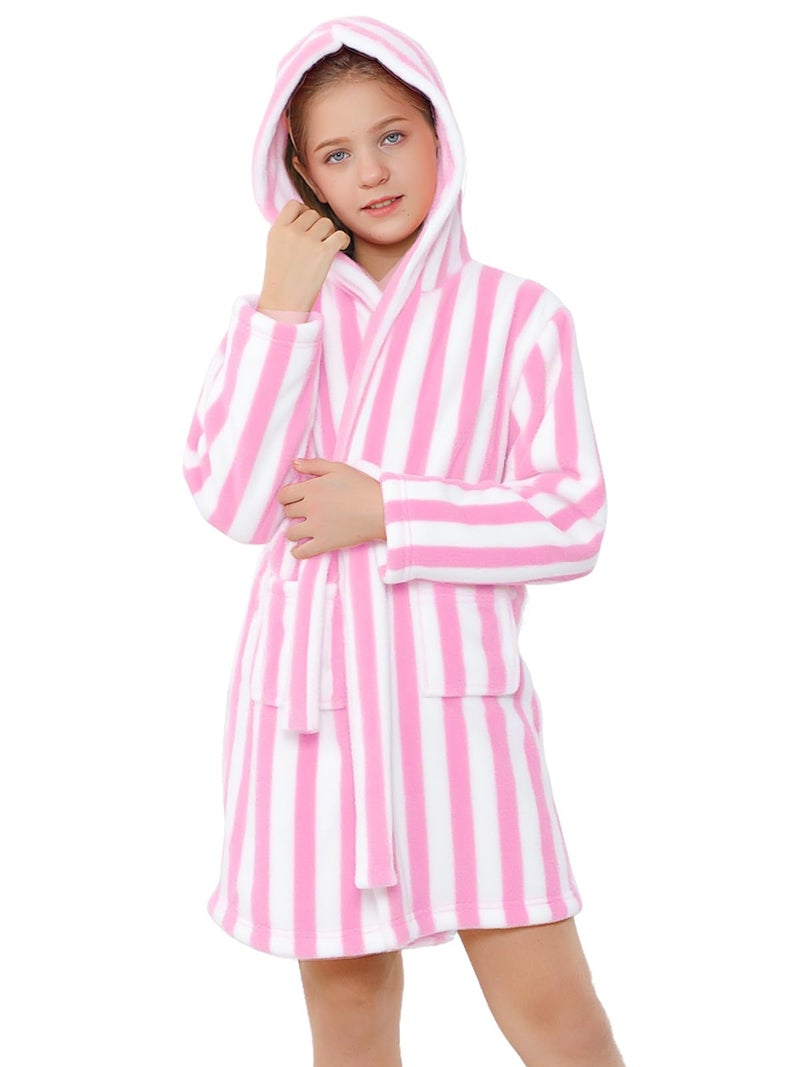 Umeyda Girl Robe, Plush Fleece Hooded Warm Absorbent Bath Robe Comfy Spa Housecoat Gift for Toddler Little Big Kids, Strip Pink, 7-8 Years = Tag 150 - Image 4