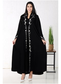 Black abaya decorated with white embroidery on the front