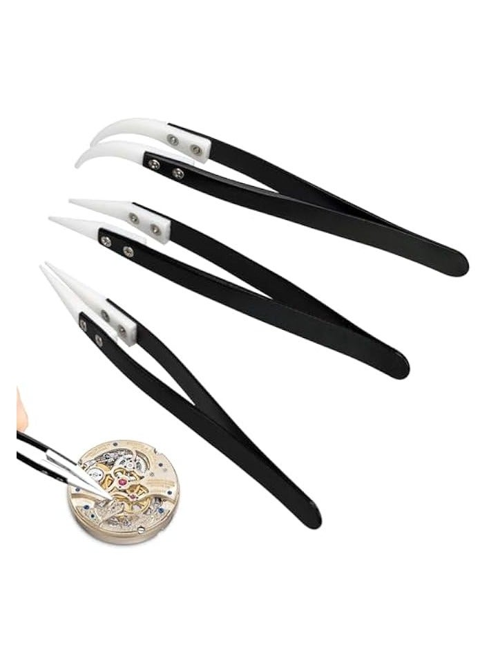 بروماس مجموعة ملاقط سيراميك عكسية دقيقة مكونة من 3 قطع، مجموعة ملاقط بأطراف مدببة ومنحنية غير موصلة للكهرباء ومضادة للمغناطيس، ملقط مدبب مستقيم مقاوم للحرارة ومضاد للكهرباء الساكنة لصناعة وإصلاح النماذج - Image 1