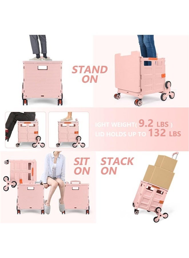 Arabest Foldable Multi-Purpose Trolley with Stair Climbing Function Wheels, Foldable Rolling Crate with Magnetic Lid Telescopic Lid, Telescopic Handle, 360° Swivel Wheeled Trolley (Pink) - Image 4