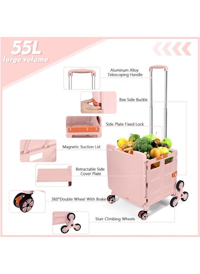 Arabest Foldable Multi-Purpose Trolley with Stair Climbing Function Wheels, Foldable Rolling Crate with Magnetic Lid Telescopic Lid, Telescopic Handle, 360° Swivel Wheeled Trolley (Pink) - Image 3