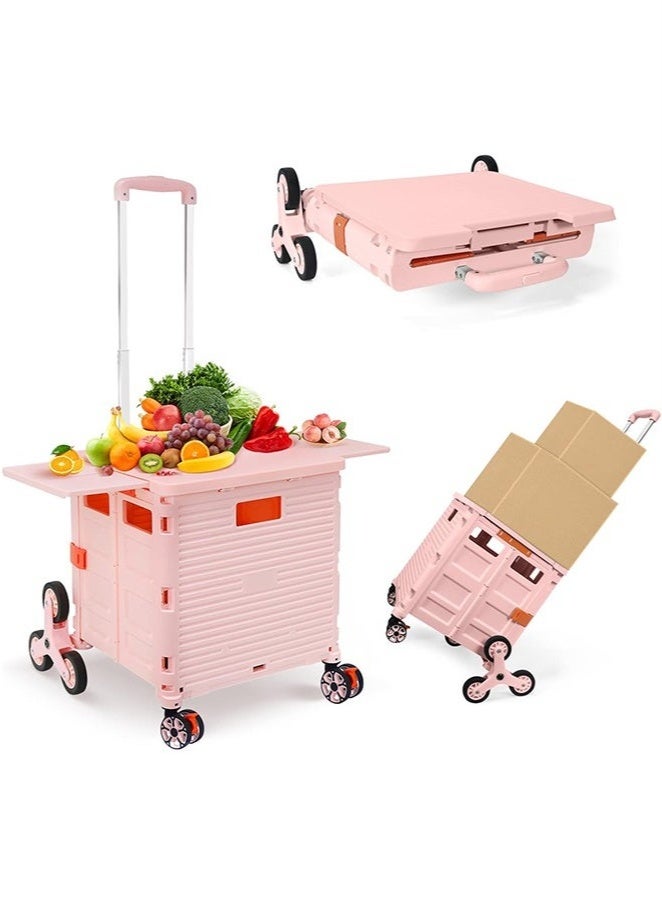 Arabest Foldable Multi-Purpose Trolley with Stair Climbing Function Wheels, Foldable Rolling Crate with Magnetic Lid Telescopic Lid, Telescopic Handle, 360° Swivel Wheeled Trolley (Pink) - Image 1
