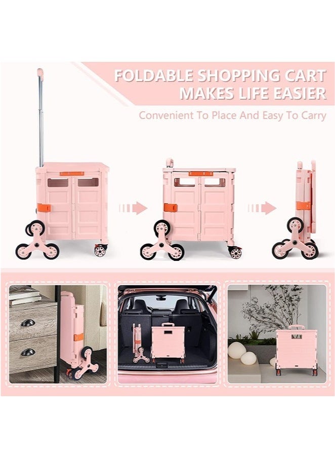 Arabest Foldable Multi-Purpose Trolley with Stair Climbing Function Wheels, Foldable Rolling Crate with Magnetic Lid Telescopic Lid, Telescopic Handle, 360° Swivel Wheeled Trolley (Pink) - Image 2