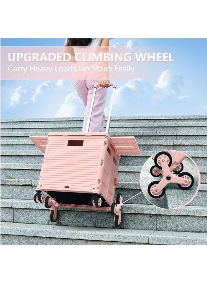 Arabest Foldable Multi-Purpose Trolley with Stair Climbing Function Wheels, Foldable Rolling Crate with Magnetic Lid Telescopic Lid, Telescopic Handle, 360° Swivel Wheeled Trolley (Pink) - Image 5