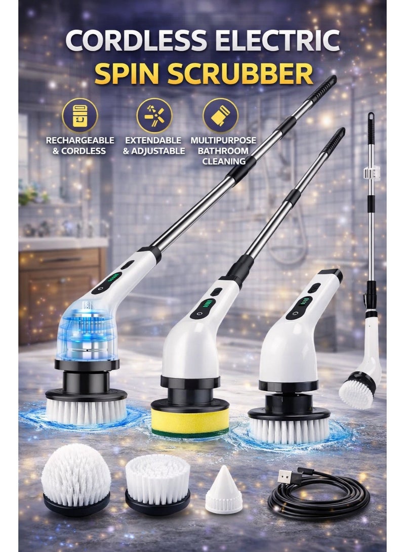 منظف كهربائي دوّار بدون سلك مع 9 رؤوس فرش قابلة للاستبدال، ذراع تمديد قابل للتعديل حتى 54 بوصة، سرعتان بقوة دوران 360 دورة في الدقيقة، مقاوم للماء بمعيار IP65، قابل لإعادة الشحن عبر USB-C، مناسب للحمام، البلاط، الفواصل (الجراوت)، الدش والمطبخ. - Image 1