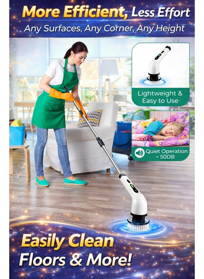 منظف كهربائي دوّار بدون سلك مع 9 رؤوس فرش قابلة للاستبدال، ذراع تمديد قابل للتعديل حتى 54 بوصة، سرعتان بقوة دوران 360 دورة في الدقيقة، مقاوم للماء بمعيار IP65، قابل لإعادة الشحن عبر USB-C، مناسب للحمام، البلاط، الفواصل (الجراوت)، الدش والمطبخ. - Image 2