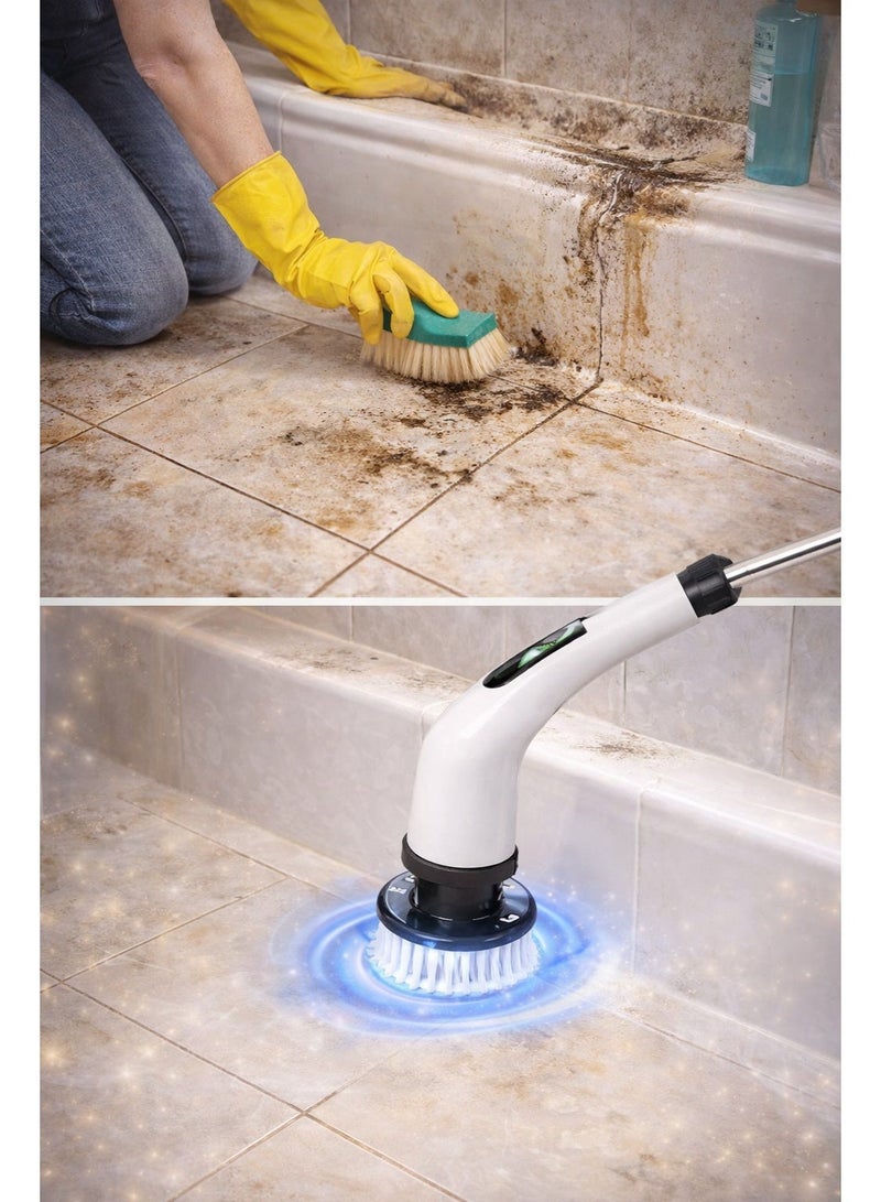 منظف كهربائي دوّار بدون سلك مع 9 رؤوس فرش قابلة للاستبدال، ذراع تمديد قابل للتعديل حتى 54 بوصة، سرعتان بقوة دوران 360 دورة في الدقيقة، مقاوم للماء بمعيار IP65، قابل لإعادة الشحن عبر USB-C، مناسب للحمام، البلاط، الفواصل (الجراوت)، الدش والمطبخ. - Image 3