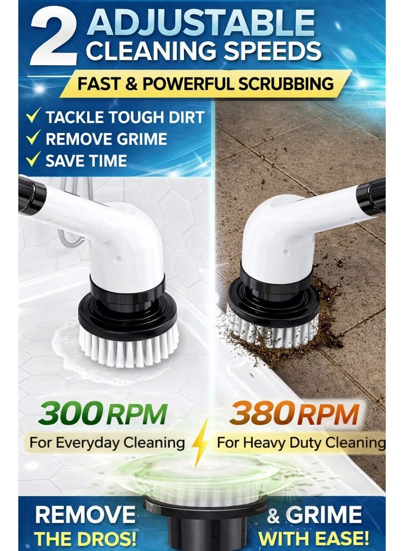 منظف كهربائي دوّار بدون سلك مع 9 رؤوس فرش قابلة للاستبدال، ذراع تمديد قابل للتعديل حتى 54 بوصة، سرعتان بقوة دوران 360 دورة في الدقيقة، مقاوم للماء بمعيار IP65، قابل لإعادة الشحن عبر USB-C، مناسب للحمام، البلاط، الفواصل (الجراوت)، الدش والمطبخ. - Image 4