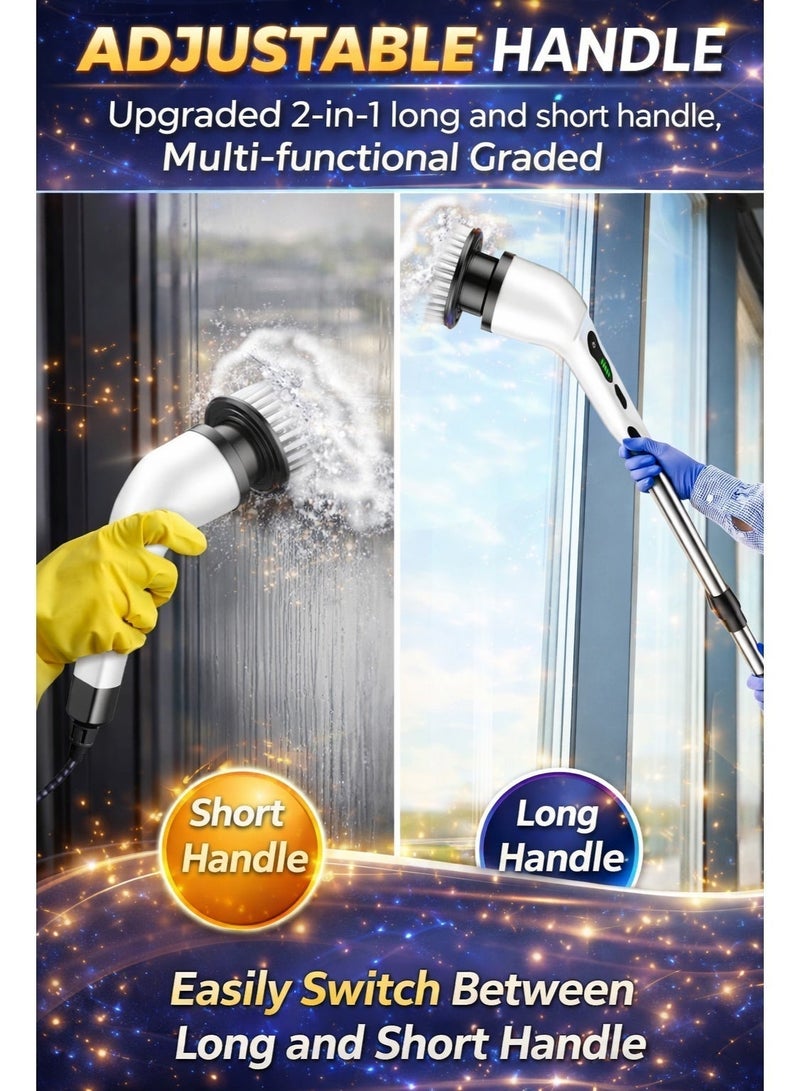 منظف كهربائي دوّار بدون سلك مع 9 رؤوس فرش قابلة للاستبدال، ذراع تمديد قابل للتعديل حتى 54 بوصة، سرعتان بقوة دوران 360 دورة في الدقيقة، مقاوم للماء بمعيار IP65، قابل لإعادة الشحن عبر USB-C، مناسب للحمام، البلاط، الفواصل (الجراوت)، الدش والمطبخ. - Image 5