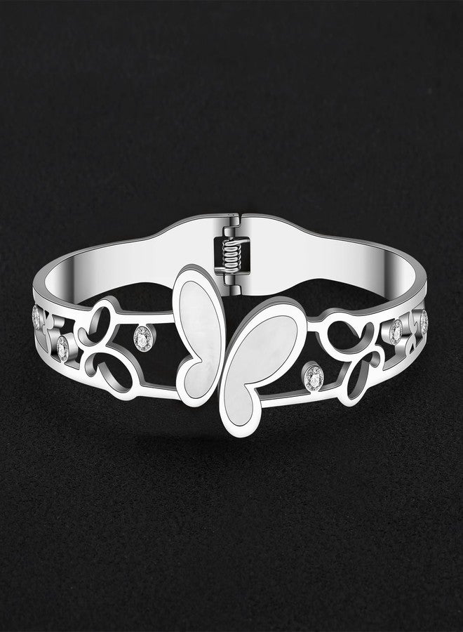 BONSNY Stainless Steel 18K Gold Silver Plated Butterfly with White Shells Rhinestones Cuff Bracelets Bangles for Women Friendship Jewelry Gifts Non Tarnish (Silver Plated) - Image 3