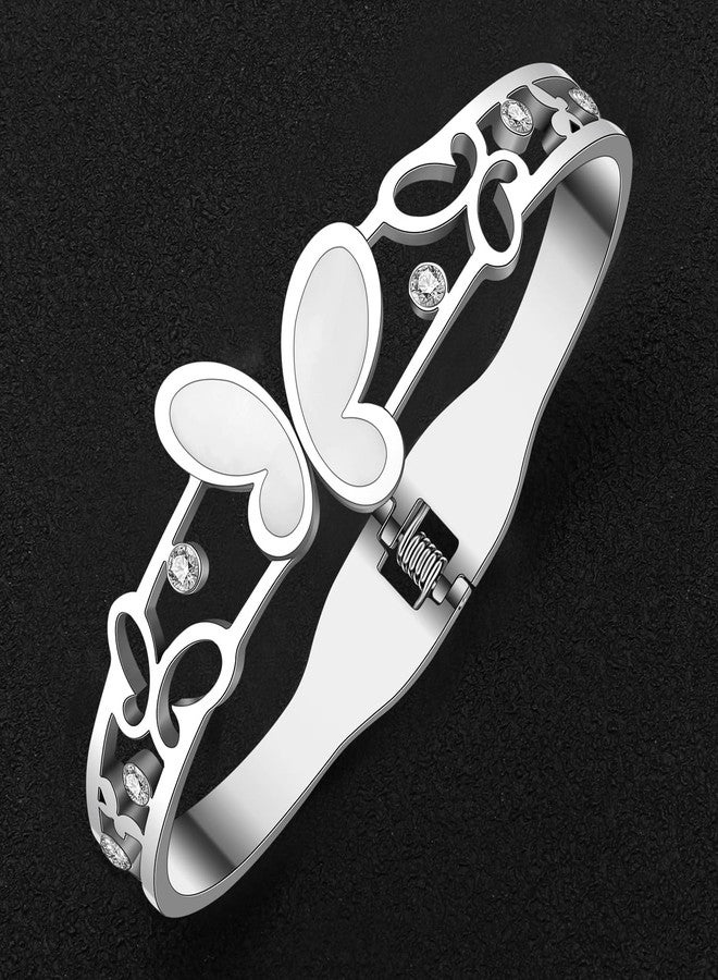 BONSNY Stainless Steel 18K Gold Silver Plated Butterfly with White Shells Rhinestones Cuff Bracelets Bangles for Women Friendship Jewelry Gifts Non Tarnish (Silver Plated) - Image 4