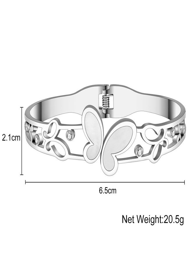BONSNY Stainless Steel 18K Gold Silver Plated Butterfly with White Shells Rhinestones Cuff Bracelets Bangles for Women Friendship Jewelry Gifts Non Tarnish (Silver Plated) - Image 5