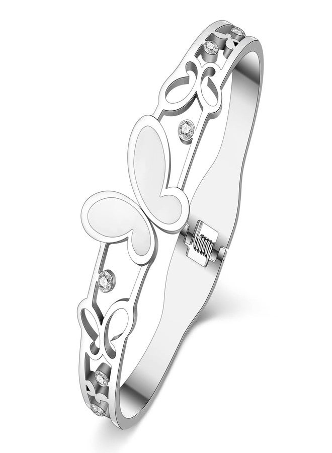 BONSNY Stainless Steel 18K Gold Silver Plated Butterfly with White Shells Rhinestones Cuff Bracelets Bangles for Women Friendship Jewelry Gifts Non Tarnish (Silver Plated) - Image 1